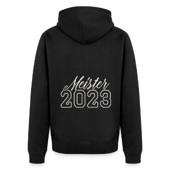 Meister 2023 Meisterprüfung Meisterbrief - Unisex Premium Bio Zip Hoodie - Schwarz - Hinten - Nico (187cm)