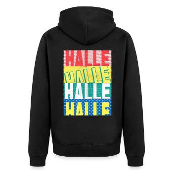 Halle Deutschland Stadt Schrift Skyline Heimat - Unisex Premium Bio Zip Hoodie - Schwarz - Hinten - Nico (187cm)