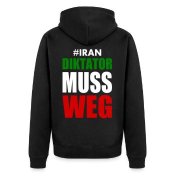 diktator muss weg iran - Unisex Premium Bio Zip Hoodie - Schwarz - Hinten - Nico (187cm)