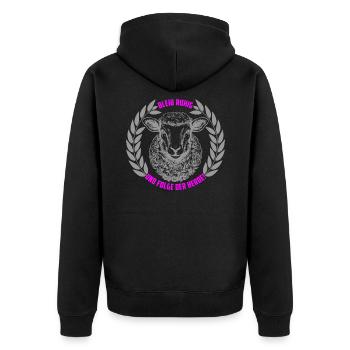 Schaf bleib ruhig und folge der Herde - Unisex Premium Bio Zip Hoodie - Schwarz - Hinten - Nico (187cm)