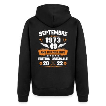 Septembre 1973 Idée cadeau d'anniversaire 49 ans - Veste à capuche bio Premium Unisexe - noir - Dos - Nico (187cm)