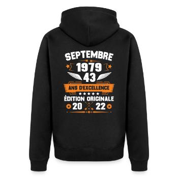 Septembre 1979 Idée cadeau d'anniversaire 43 ans - Veste à capuche bio Premium Unisexe - noir - Dos - Nico (187cm)