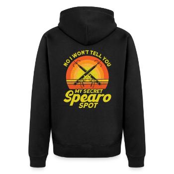 Speerfischer Mein geheimer Speerfisch Spot - Unisex Premium Bio Zip Hoodie - Schwarz - Hinten - Nico (187cm)