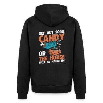 Horror Halloween Holt Bonbons raus Gruselig - Unisex Premium Bio Zip Hoodie - Schwarz - Hinten - Nico (187cm)