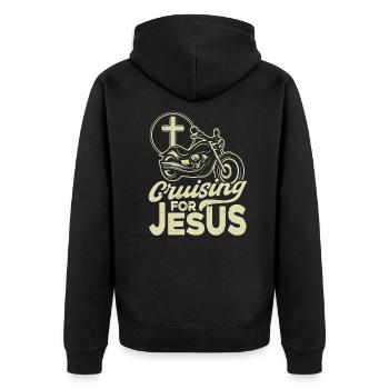 Faith Christian Motorcyclist Gift - Unisex Premium Organic Zip Hoodie - black - Back - Nico (187cm)