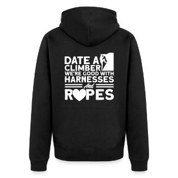 Kletterer kann gut mit Seilen umgehen Felsklettern - Unisex Premium Bio Zip Hoodie - Schwarz - Hinten - Nico (187cm)