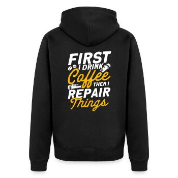Erst trinke ich Kaffee dann repariere ich Dinge Kl - Unisex Premium Bio Zip Hoodie - Schwarz - Hinten - Nico (187cm)