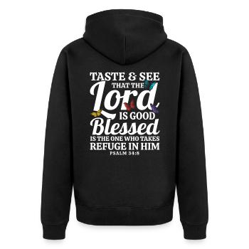 Jesus God Bible Verse Inspiring Gift - Unisex Premium Organic Zip Hoodie - black - Back - Nico (187cm)