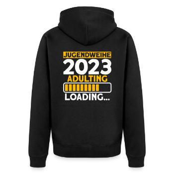 Jugendweihe 2023 Adulting Loading… Geschenk - Unisex Premium Bio Zip Hoodie - Schwarz - Hinten - Nico (187cm)
