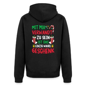 Mit Mir Verwandt Zu Sein Ist das Wahre GEschenk - Unisex Premium Bio Zip Hoodie - Schwarz - Hinten - Nico (187cm)