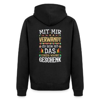Mit Mir Verwandt Zu Sein Ist das Wahre GEschenk - Unisex Premium Bio Zip Hoodie - Schwarz - Hinten - Nico (187cm)