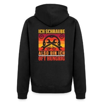 Rad Monteur- Ich Schraube Also Bin Ich Oft Hungrig - Unisex Premium Bio Zip Hoodie - Schwarz - Hinten - Nico (187cm)