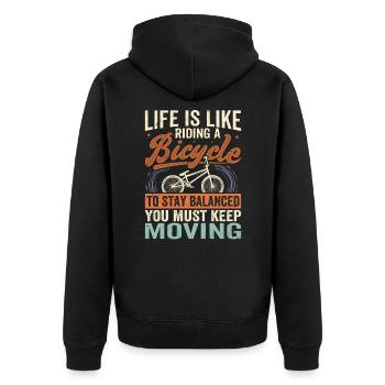 Life Is Like Riding A Bicycle - Stay Balanced - Unisex Premium Bio Zip Hoodie - Schwarz - Hinten - Nico (187cm)