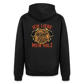Ich liebe Holz - Holzhacker, Holzfäller, Brennholz - Unisex Premium Bio Zip Hoodie - Schwarz - Hinten - Nico (187cm)