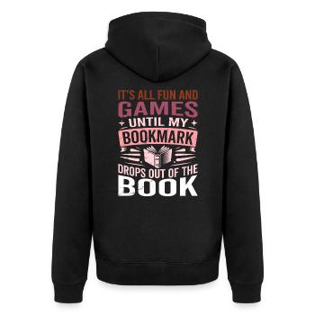 Bookmark – BOOKISH Saying Apparel - Unisex Premium Organic Zip Hoodie - black - Back - Nico (187cm)