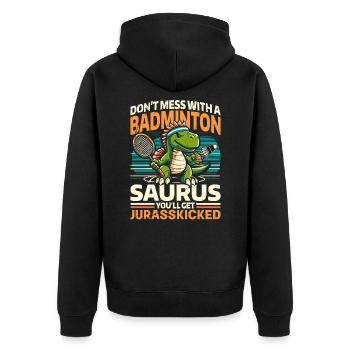 Lustiger Badminton Saurus – Kinder, Jugendliche - Unisex Premium Bio Zip Hoodie - Schwarz - Hinten - Nico (187cm)