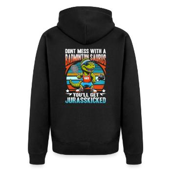 Lustiger Badminton Saurus – Kinder, Jugendliche - Unisex Premium Bio Zip Hoodie - Schwarz - Hinten - Nico (187cm)