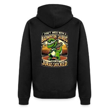 Lustiger Badminton Saurus – Kinder, Jugendliche - Unisex Premium Bio Zip Hoodie - Schwarz - Hinten - Nico (187cm)