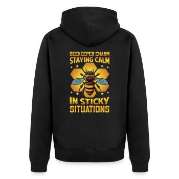 Beekeeper Charm – Sticky Situations - Unisex Premium Bio Zip Hoodie - Schwarz - Hinten - Nico (187cm)
