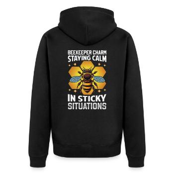 Beekeeper Charm – Sticky Situations - Unisex Premium Bio Zip Hoodie - Schwarz - Hinten - Nico (187cm)