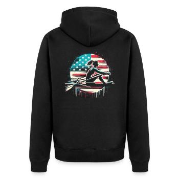Rowing patriot woman with US flag - Unisex Premium Organic Zip Hoodie - black - Back - Nico (187cm)