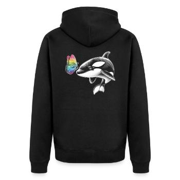 Orca-wal-schmetterlinge-tier-blumenillustration - Unisex Premium Bio Zip Hoodie - Schwarz - Hinten - Nico (187cm)