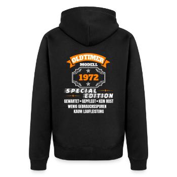 Oldtimer Modell 1972 - Unisex Premium Bio Zip Hoodie - Schwarz - Hinten - Nico (187cm)