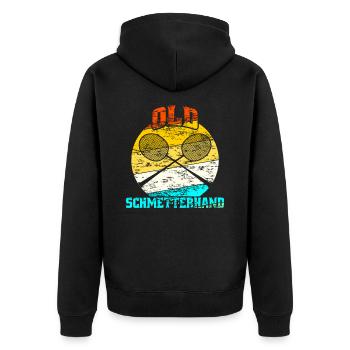 Old Schmetterhand Badminton Tennis - Unisex Premium Bio Zip Hoodie - Schwarz - Hinten - Nico (187cm)