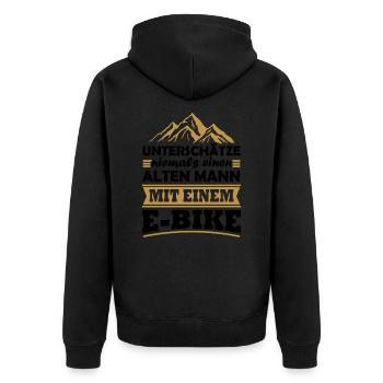 Unterschätze niemals einen alten Mann mit E-Bike - Unisex Premium Bio Zip Hoodie - Schwarz - Hinten - Nico (187cm)