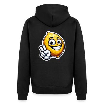 Lemon Vibes- lustige Zitrone mit Victory Zeichen - Unisex Premium Bio Zip Hoodie - Schwarz - Hinten - Nico (187cm)