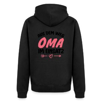 Out of the way grandma in action - Unisex Premium Organic Zip Hoodie - black - Back - Nico (187cm)