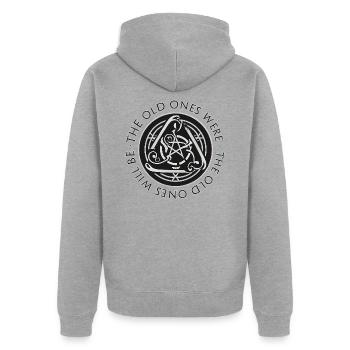 Die alten waren Die alten werden sein Mytho Thulhu - Unisex Premium Bio Zip Hoodie - Grau meliert - Hinten - Nico (187cm)