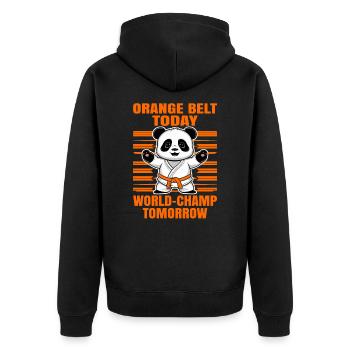 Gelber Gürtel heute Weltmeister morgen. Judo Shirt - Unisex Premium Bio Zip Hoodie - Schwarz - Hinten - Nico (187cm)
