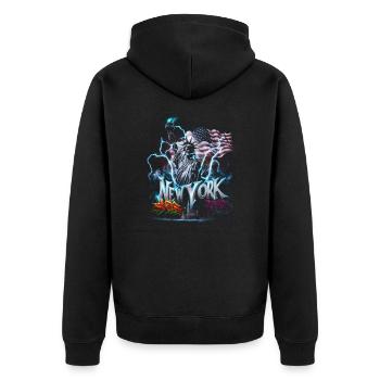 New York City Freiheitsstatue Blitz Design - Unisex Premium Bio Zip Hoodie - Schwarz - Hinten - Nico (187cm)