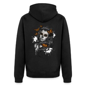 Tag der Toten Zucker Schädel Mädchen - Unisex Premium Bio Zip Hoodie - Schwarz - Hinten - Nico (187cm)