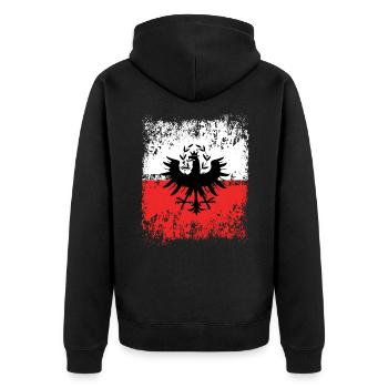 Tirol Wappen Rot Weiß Outfit - Unisex Premium Bio Zip Hoodie - Schwarz - Hinten - Nico (187cm)