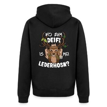Wo zum Deifi is mei Lederhosn Ersatz Tracht - Unisex Premium Bio Zip Hoodie - Schwarz - Hinten - Nico (187cm)