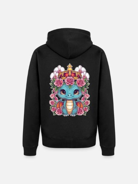 Dragon Kawaii avec Couronne, Roses et Orchidées - Veste à capuche bio Premium Unisexe - noir