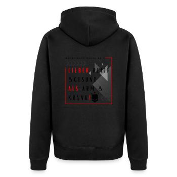 Lieber Reich und Gesund als Arm und Krank Spruch - Unisex Premium Bio Zip Hoodie - Schwarz - Hinten - Nico (187cm)