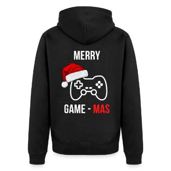 MERRY GAME - MAS Game Gaming X - mas Weihnachten - Unisex Premium Bio Zip Hoodie - Schwarz - Hinten - Nico (187cm)