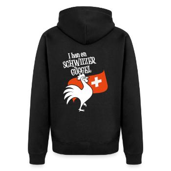 Krähender Hahn vor Schweizer Flagge für den Bauer! - Unisex Premium Bio Zip Hoodie - Schwarz - Hinten - Nico (187cm)