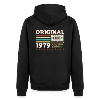 45e anniversaire mari avril Vintage 1979 cassette - Veste à capuche bio Premium Unisexe - noir - Dos - Nico (187cm)