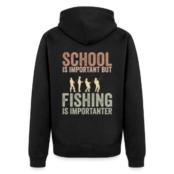 Schule ist wichtig, aber Angeln ist noch wichtiger - Unisex Premium Bio Zip Hoodie - Schwarz - Hinten - Nico (187cm)