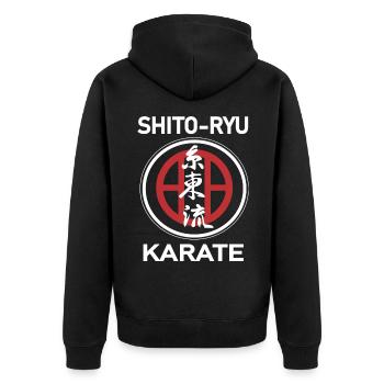 Das coole Shito-ryu Kampfsport Shirt - Unisex Premium Bio Zip Hoodie - Schwarz - Hinten - Nico (187cm)