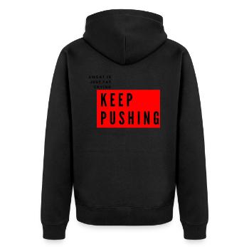 Sweat is just fat crying keep pushing - Unisex Premium Bio Zip Hoodie - Schwarz - Hinten - Nico (187cm)