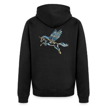 PEGASUS UNICORN - blau gold - Unisex Premium Bio Zip Hoodie - Schwarz - Hinten - Nico (187cm)