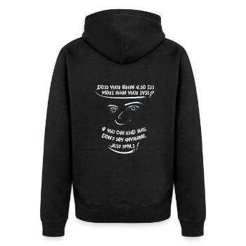 T3xt! Sieht dein Gehörn auch mehr als deine Augen - Unisex Premium Bio Zip Hoodie - Schwarz - Hinten - Nico (187cm)