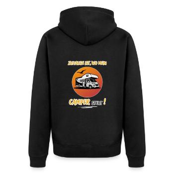 Zuhause Ist Wo Mein Camper steht-Kastenwagen-WoMo - Unisex Premium Bio Zip Hoodie - Schwarz - Hinten - Nico (187cm)