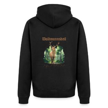 Jäger Outfit Waidmannsheil - Jagen ist Naturschutz - Unisex Premium Bio Zip Hoodie - Schwarz - Hinten - Nico (187cm)