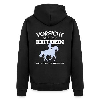 Vorsicht vor der Reiterin, das Pferd ist harmlos - Unisex Premium Bio Zip Hoodie - Schwarz - Hinten - Nico (187cm)